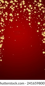 Magic stars vector overlay.  Gold stars scattered around randomly, falling down, floating.  Chaotic dreamy childish overlay template. Miraculous starry night vector  on red background.