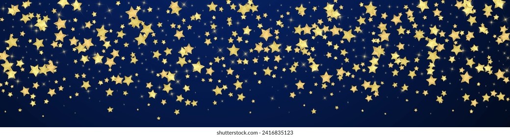 Magic stars vector overlay.  Gold stars scattered around randomly, falling down, floating.  Chaotic dreamy childish overlay template. Miraculous starry night vector  on dark blue background.