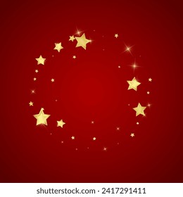 Magic stars vector overlay.  Gold stars scattered around randomly, falling down, floating.  Chaotic dreamy childish overlay template. Enchanting vector with magic stars on red background.