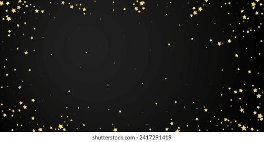 Magic stars vector overlay.  Gold stars scattered around randomly, falling down, floating.  Chaotic dreamy childish overlay template. Magical cartoon night sky on black background.