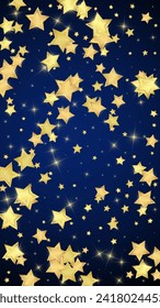 Superposición vectorial de las estrellas mágicas.  Estrellas de oro dispersas al azar, cayendo, flotando.  Una plantilla de superposición infantil de ensueño caótico. sobre fondo azul oscuro.