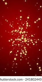 Magic stars vector overlay.  Gold stars scattered around randomly, falling down, floating.  Chaotic dreamy childish overlay template. Vector fairytale  on red background.