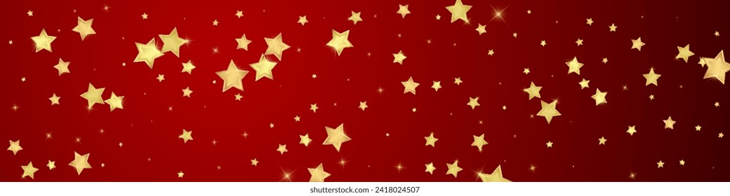 Superposición vectorial de las estrellas mágicas.  Estrellas de oro dispersas al azar, cayendo, flotando.  Una plantilla de superposición infantil de ensueño caótico. Encantador vector con estrellas mágicas sobre fondo rojo.