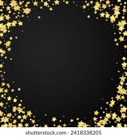 Superposición vectorial de las estrellas mágicas.  Estrellas de oro dispersas al azar, cayendo, flotando.  Una plantilla de superposición infantil de ensueño caótico. Un cuento de hadas vectorial sobre fondo negro.