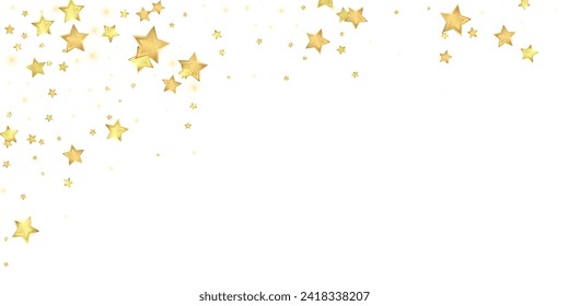 Superposición vectorial de las estrellas mágicas.  Estrellas de oro dispersas al azar, cayendo, flotando.  Una plantilla de superposición infantil de ensueño caótico. Cielo nocturno de caricatura mágica sobre fondo blanco.