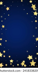 Magic stars vector overlay.  Gold stars scattered around randomly, falling down, floating.  Chaotic dreamy childish overlay template. Miraculous starry night vector  on dark blue background.