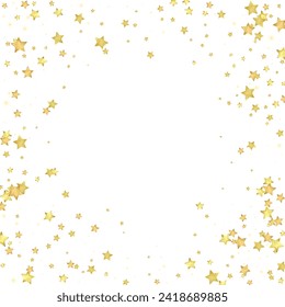 Superposición vectorial de las estrellas mágicas.  Estrellas de oro dispersas al azar, cayendo, flotando.  Una plantilla de superposición infantil de ensueño caótico. Encantador vector con estrellas mágicas sobre fondo blanco.