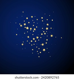 Magic stars vector overlay.  Gold stars scattered around randomly, falling down, floating.  Chaotic dreamy childish overlay template. Vector fairytale  on dark blue background.
