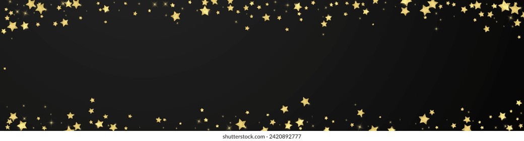Magische Sterne, Vektorüberlagerung.  Goldsterne zerstreut nach dem Zufallsprinzip, fallend, schwebend.  Chaotische Träume kindliche Overlay-Vorlage. Bezaubernde Vektorgrafik mit magischen Sternen auf schwarzem Hintergrund.