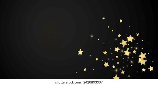 Magic stars vector overlay.  Gold stars scattered around randomly, falling down, floating.  Chaotic dreamy childish overlay template. Magical cartoon night sky on black background.