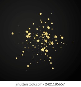 Superposición vectorial de las estrellas mágicas.  Estrellas de oro dispersas al azar, cayendo, flotando.  Una plantilla de superposición infantil de ensueño caótico. sobre fondo negro.