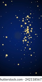 Magic stars vector overlay.  Gold stars scattered around randomly, falling down, floating.  Chaotic dreamy childish overlay template. Magical cartoon night sky on dark blue background.