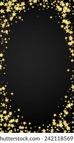 Superposición vectorial de las estrellas mágicas.  Estrellas de oro dispersas al azar, cayendo, flotando.  Una plantilla de superposición infantil de ensueño caótico. Superposición mágica vectorial sobre fondo negro.