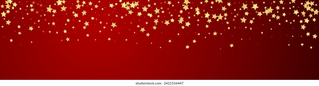 Magic stars vector overlay.  Gold stars scattered around randomly, falling down, floating.  Chaotic dreamy childish overlay template. Miraculous starry night vector  on red background.