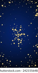 Magic stars vector overlay.  Gold stars scattered around randomly, falling down, floating.  Chaotic dreamy childish overlay template. Vector fairytale  on dark blue background.