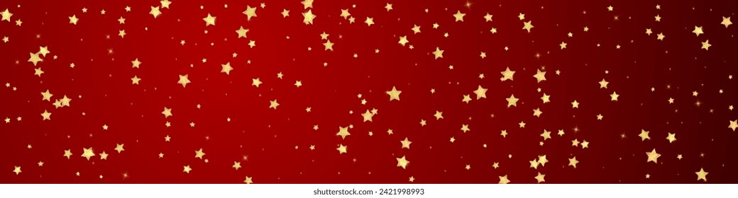 Magic stars vector overlay.  Gold stars scattered around randomly, falling down, floating.  Chaotic dreamy childish overlay template. Miraculous starry night vector  on red background.