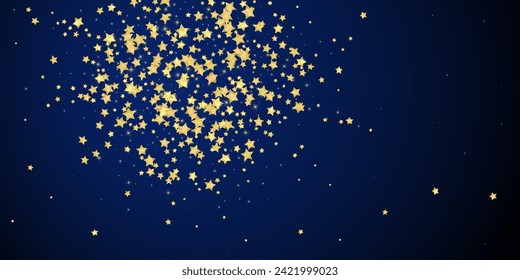 Magische Sterne, Vektorüberlagerung.  Goldsterne zerstreut nach dem Zufallsprinzip, fallend, schwebend.  Chaotische Träume kindliche Overlay-Vorlage. Bezaubernde Vektorgrafik mit magischen Sternen auf dunkelblauem Hintergrund.