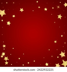 Superposición vectorial de las estrellas mágicas.  Estrellas de oro dispersas al azar, cayendo, flotando.  Una plantilla de superposición infantil de ensueño caótico. Cielo nocturno de caricatura mágica sobre fondo rojo.