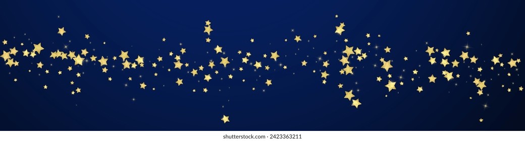 Magic stars vector overlay.  Gold stars scattered around randomly, falling down, floating.  Chaotic dreamy childish overlay template. Enchanting vector with magic stars on dark blue background.