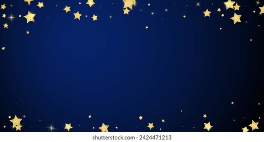 Magic stars vector overlay.  Gold stars scattered around randomly, falling down, floating.  Chaotic dreamy childish overlay template. Magical cartoon night sky on dark blue background.