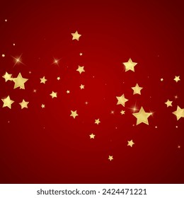 Superposición de vector de estrellas mágicas.  Estrellas de oro esparcidas al azar, cayendo, flotando.  Plantilla de superposición infantil de ensueño caótico. Cielo mágico de la noche de la historieta sobre fondo rojo.