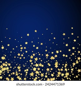 Magic stars vector overlay.  Gold stars scattered around randomly, falling down, floating.  Chaotic dreamy childish overlay template. Miraculous starry night vector  on dark blue background.