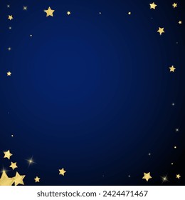 Magic stars vector overlay.  Gold stars scattered around randomly, falling down, floating.  Chaotic dreamy childish overlay template. Enchanting vector with magic stars on dark blue background.