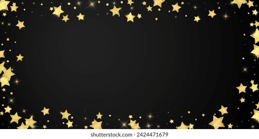 Superposición de vector de estrellas mágicas.  Estrellas de oro esparcidas al azar, cayendo, flotando.  Plantilla de superposición infantil de ensueño caótico. Vector cuento de hadas sobre fondo negro.