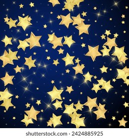 Magic stars vector overlay.  Gold stars scattered around randomly, falling down, floating.  Chaotic dreamy childish overlay template. Vector fairytale  on dark blue background.