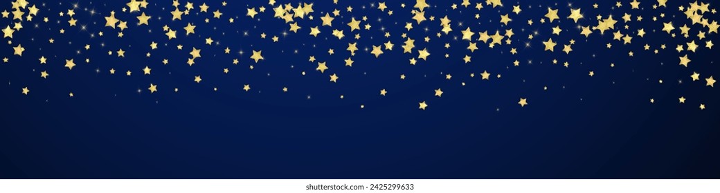 Superposición de vector de estrellas mágicas.  Estrellas de oro esparcidas al azar, cayendo, flotando.  Plantilla de superposición infantil de ensueño caótico. Vector de superposición mágica sobre fondo azul oscuro.
