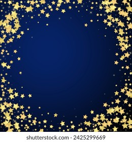 Magic stars vector overlay.  Gold stars scattered around randomly, falling down, floating.  Chaotic dreamy childish overlay template. Vector fairytale  on dark blue background.