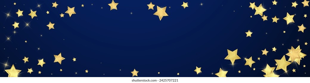 Superposición de vector de estrellas mágicas.  Estrellas de oro esparcidas al azar, cayendo, flotando.  Plantilla de superposición infantil de ensueño caótico. Vector cuento de hadas sobre fondo azul oscuro.