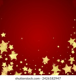 Superposición de vector de estrellas mágicas.  Estrellas de oro esparcidas al azar, cayendo, flotando.  Plantilla de superposición infantil de ensueño caótico. Encantador vector con estrellas mágicas sobre fondo rojo.