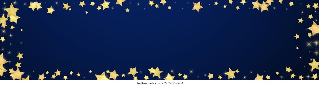 Magic stars vector overlay.  Gold stars scattered around randomly, falling down, floating.  Chaotic dreamy childish overlay template. Magical cartoon night sky on dark blue background.