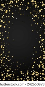 Magic stars vector overlay.  Gold stars scattered around randomly, falling down, floating.  Chaotic dreamy childish overlay template. Magical cartoon night sky on black background.