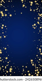 Magic stars vector overlay.  Gold stars scattered around randomly, falling down, floating.  Chaotic dreamy childish overlay template. Vector magic overlay  on dark blue background.