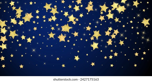 Superposición de vector de estrellas mágicas.  Estrellas de oro esparcidas al azar, cayendo, flotando.  Plantilla de superposición infantil de ensueño caótico. Vector de superposición mágica sobre fondo azul oscuro.