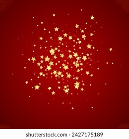 Magic stars vector overlay.  Gold stars scattered around randomly, falling down, floating.  Chaotic dreamy childish overlay template. on red background.