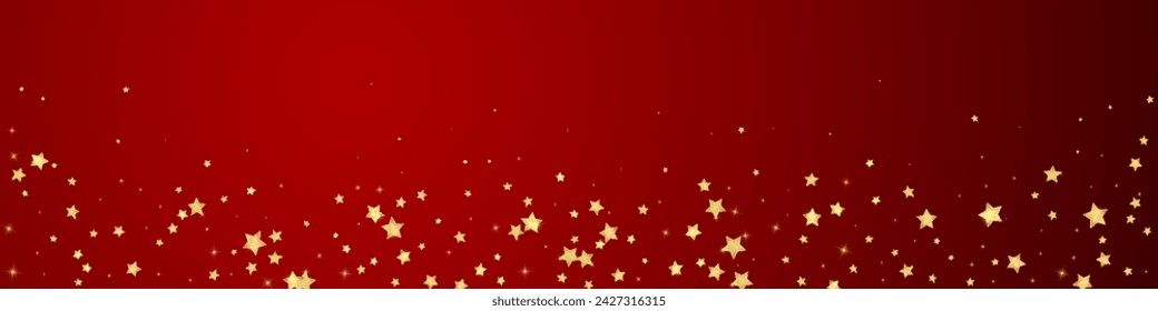 Magic stars vector overlay.  Gold stars scattered around randomly, falling down, floating.  Chaotic dreamy childish overlay template. Miraculous starry night vector  on red background.