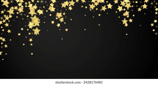 Magic stars vector overlay.  Gold stars scattered around randomly, falling down, floating.  Chaotic dreamy childish overlay template. Miraculous starry night vector  on black background.