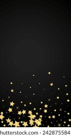 Magic stars vector overlay.  Gold stars scattered around randomly, falling down, floating.  Chaotic dreamy childish overlay template. Magical cartoon night sky on black background.