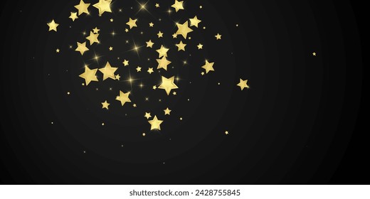Magic stars vector overlay.  Gold stars scattered around randomly, falling down, floating.  Chaotic dreamy childish overlay template. Magical cartoon night sky on black background.