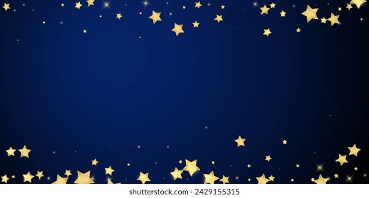 Superposición de vector de estrellas mágicas.  Estrellas de oro esparcidas al azar, cayendo, flotando.  Plantilla de superposición infantil de ensueño caótico. Cielo mágico de la noche de la historieta sobre fondo azul oscuro.