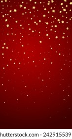 Magic stars vector overlay.  Gold stars scattered around randomly, falling down, floating.  Chaotic dreamy childish overlay template. Vector fairytale  on red background.