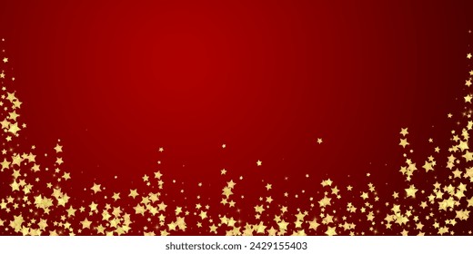 Magic stars vector overlay.  Gold stars scattered around randomly, falling down, floating.  Chaotic dreamy childish overlay template. Vector magic overlay  on red background.