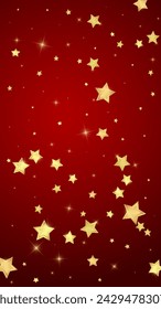 Magic stars vector overlay.  Gold stars scattered around randomly, falling down, floating.  Chaotic dreamy childish overlay template. Enchanting vector with magic stars on red background.