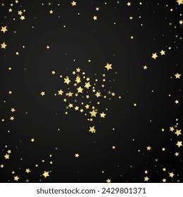 Magic stars vector overlay.  Gold stars scattered around randomly, falling down, floating.  Chaotic dreamy childish overlay template. Magical cartoon night sky on black background.