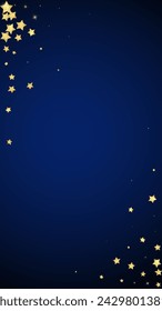Magic stars vector overlay.  Gold stars scattered around randomly, falling down, floating.  Chaotic dreamy childish overlay template. Vector fairytale  on dark blue background.