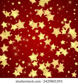 Magic stars vector overlay.  Gold stars scattered around randomly, falling down, floating.  Chaotic dreamy childish overlay template. Magical cartoon night sky on red background.