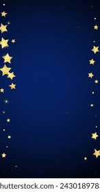 Magic stars vector overlay.  Gold stars scattered around randomly, falling down, floating.  Chaotic dreamy childish overlay template. Vector magic overlay  on dark blue background.